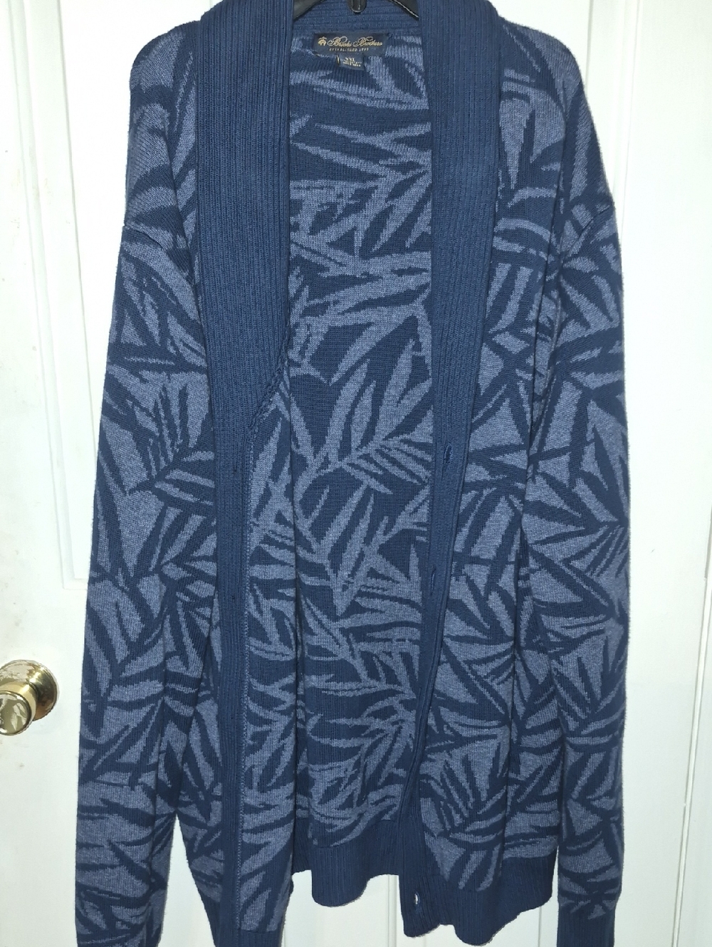 Brooks Brothers Navy Blue Leaf Patterned Shawl-Collar Cardigan XXL
